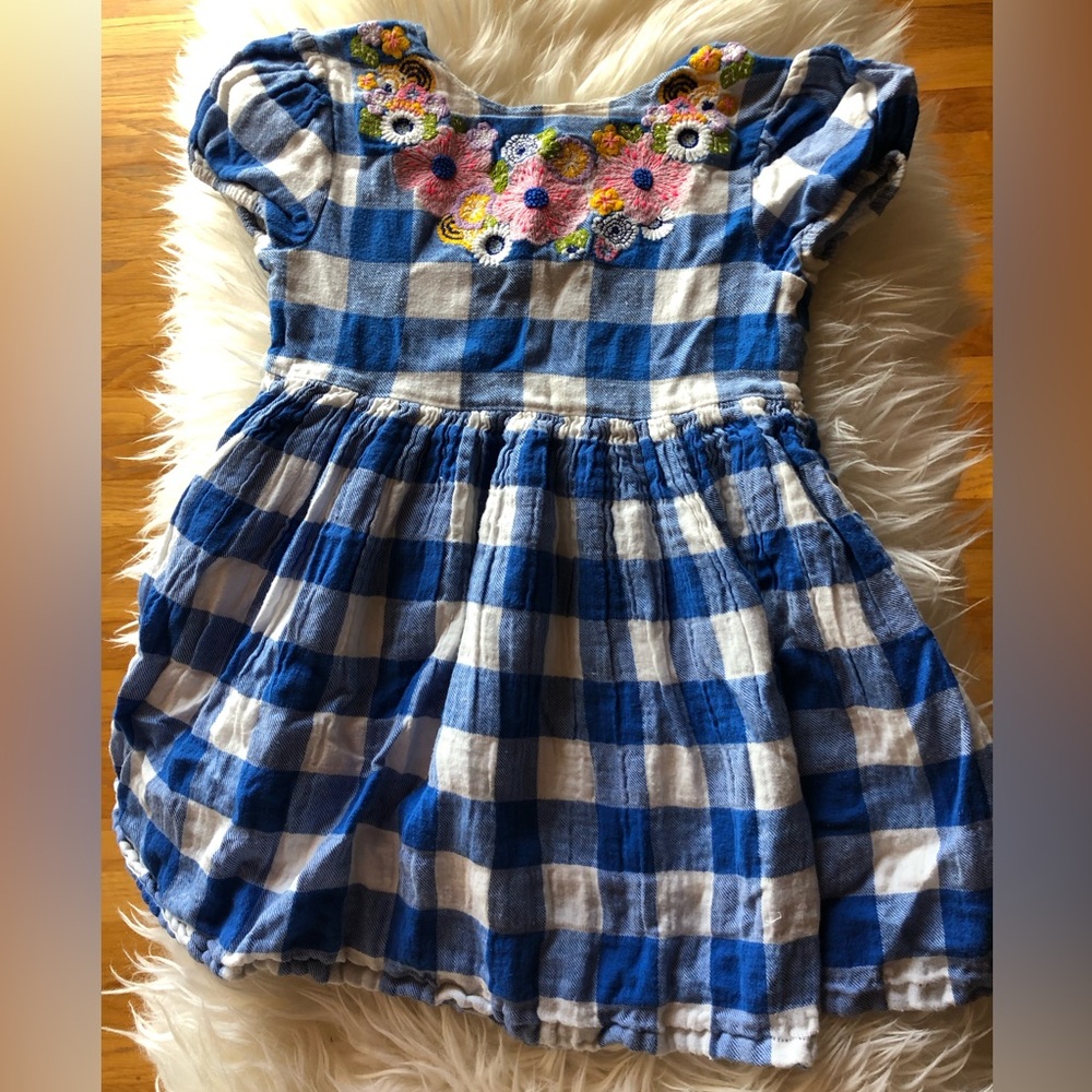 Peek blue vintage looking checker dress with floral embroidery
